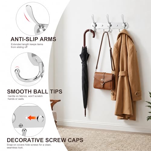 YUNISS Coat Rack Wall Mounted，3 Tri Stainless Steel Coat Hook for Coat Hat Robes Towel in Mudroom Entryway (Sliver, 1 Pack 3 Hook) - color: Sliver, size: 1 Pack 3 Hook