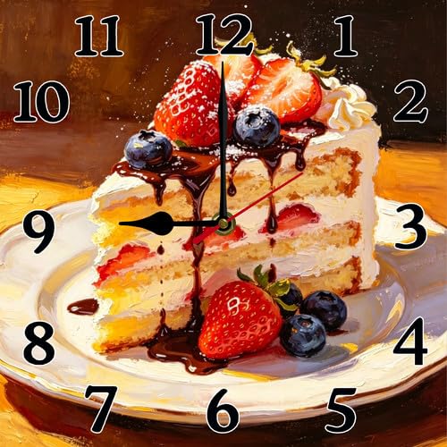 Wooden Square Wall Clock 10 Inch Silent Non-Ticking Dessert & Cake Style Suitable for Cake Shop Kitchen Bedroom Living Room Dining Room - color: C5
