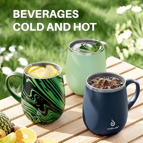 Ideus 16 oz Insulated Coffee Mug with Handle and Lid, Double Wall Stainless Steel Vacuum Thermal Coffee Mug, Travel Coffee Cup Thermal Cup for Home and Office (Green Zebra, FUJI DAWN) - color: Green Zebra