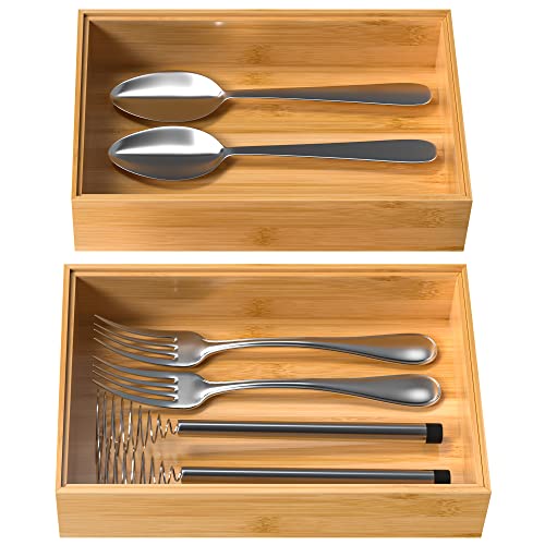 VeyFey Silverware Tray for Drawer, Stackable Kitchen Bamboo Drawer Organizer 9" x 6" x 2" Set of 2 - size: 9" x 6" x 2"