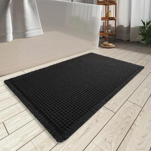AMOAMI Upgraded Waffle Bath Mat, Super Absorbent Non Slip Bath Mats for Bathroom Floor, Washable Bathroom Rugs with Tassels, Rubber Backed Bathroom Mats, Ultra Soft, 24" x 36", Black - color: Black, size: 2' x 3' (Rectangular)