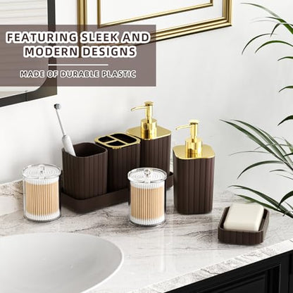 XLHOMO Bathroom Accessories Set - 25PC Brown Bathroom Sets with Shower Curtain and Rugs, Bathroom Accessory Set, Brown Shower Curtain Set, Trash Can, Qtip Holder Dispenser & Soap Dispenser - size: Bath Set+Shower Curtain+Rugs, style: Brown&Gold