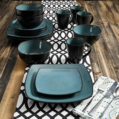 Gibson Elite Soho Lounge 16-Piece Reactive Glaze Dinnerware Set – Teal and Black Tutone Stoneware Plates and Bowls - color: Teal/Black (Soho Lounge), size: Service for 4 (16pcs)