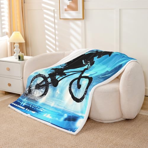 Boys Bmx Blanket Throw Bicycle Motocross Racer Sherpa Blanket Motorcycle Dirt Bike Fleece Blanket For Kids Teen Young Man Extreme Speed Sports Vehicle Fuzzy Blanket Sofa Decor Throw 50"x60" Blue Green - size: Throw( 50"x60")