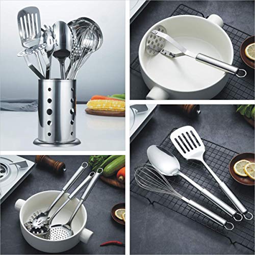Berglander Cooking Utensil Set 8 Piece, Stainless Steel Kitchen Tool Set with Stand,Cooking Utensils, Slotted Tuner, Ladle, Skimmer, Serving Spoon, Pasta Server,Potato Maseher, Egg Whisk. （8 Pieces） - color: A. 8 Pieces