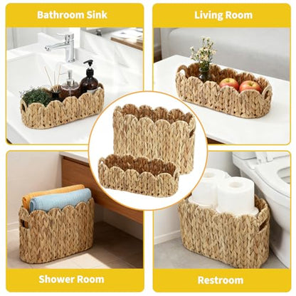 Garvee 2-Pack Scalloped Wicker Basket for Bathroom, Hand-Woven Rattan Toilet Paper Storage Basket with Built-in Handles, Small Decorative Organizer for Countertop, Shelf