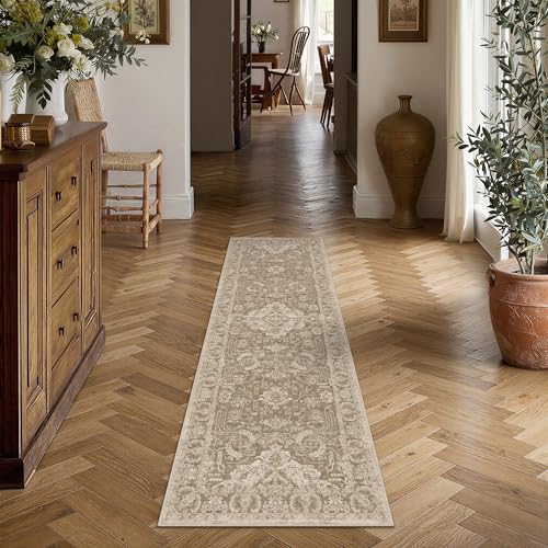 2x6 Taupe Vintage Distressed Washable Runner Rug for Hallway | Low Pile, Non Slip, Vintage Distressed, Soft Hallway Runner Rug for Kitchen, Entryway, Laundry Room, Home Decor - color: C| Taupe, size: 2' x 6' (Runner)