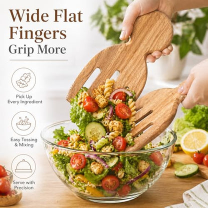 Wooden Salad Tongs 2 Pieces 6.69" x 3" Servers For Tossing Kitchen Utensils | Natural Wood, Lightweight, Gentle On Non-Stick Cookware, Warm And Elegant