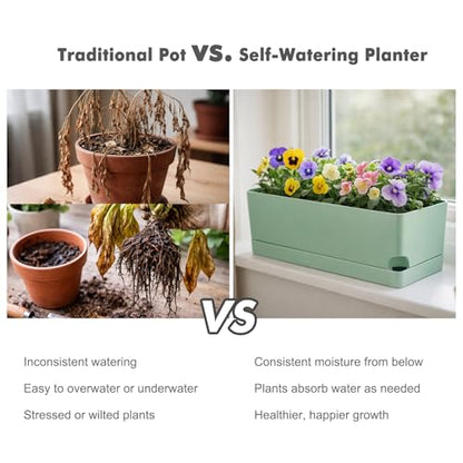 Party Zealot Window Boxes Planters, 3 Pack Self Watering Pots for Indoor Plants 17 Inch Rectangular Planter Rectangle Flower Pots Long Plant Pot Large Window Sill Herb Planter Box, Green - color: Green