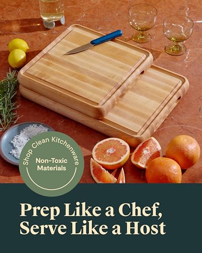 Caraway 3-Piece Prep and Serve Butcher Block Set | 17" Rectangle Cutting Board, 12" Square Cutting Board and Metal Storage Rack, Maple - color: Maple, size: Butcher Block Set