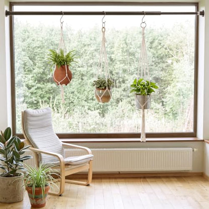 22 Pcs Window Hanging Plant Holder Set Boho Hoom Decor, No Drilling | 10 Adjustable Macrame Plant Hangers 3 Sizes(23.6"/31"/37"), 2 Expandable Spring Tension Rods 27.5''-47'' and 10 S Hooks