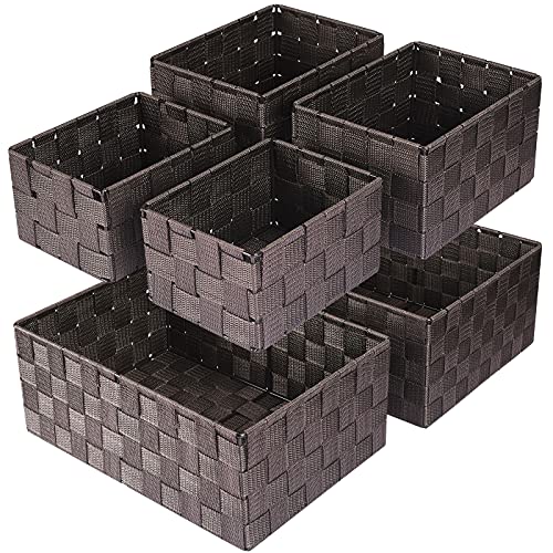 Storage Baskets: 6 Pack Stackable Woven Storage Bins, Brown | Decorative Woven Baskets for Organizing with Built-In Handles for Shelves, Closets, Cabinets and Cubbies, Gift Small Basket - color: Brown, size: 6 pack