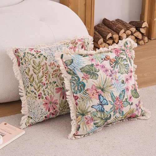 Vintage Floral Throw Pillow Cover with Fringe Trim, Cotton Cross Stitch Fabric, Abstract Oil Painting Style, Suitable for Living Room Sofa Bed, Flower and Plant Style (lily + plant, 18*18 inch) - color: Lily + Plant