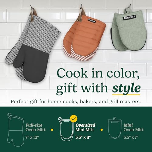 Cuisinart Mini Oven Mitts, 2-Pack 5.5"x8", Printed Silicone, 450F | Non-slip grip stripes, faux leather hang loop, cotton lining for comfort, ambidextrous for baking, cooking, and cast iron - color: Beige