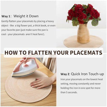 Handmade Round Boho Placemats Set of 6 | Natural Woven & Polyester Braided Combo Table Mats | 12-Piece Versatile Place Mats | Simple Rustic Farmhouse Style Dining Table Decor, Beige - color: Beige