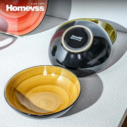 HomeVss Sonoma 16 Piece Stoneware Dinner Set, Outside Black + Inside Handpainted Mixed Colors Blue, Green, Red, Yellow with speckle - color: Combi Blue, Green, Red, Yellow