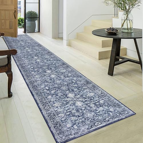 KILOCOCO Hallway Runner 2.6x18 Washable Runner Non-Slip Kitchen Rug, Blue | Printed Hallway Runners Rug, Non Skid Kitchen Runner Rug, Low Pile Runner for Bedroom Living Room, Soft Floral Hall Runners - color: Blue/Navy/White, size: 2'7" x 18' (Runner)