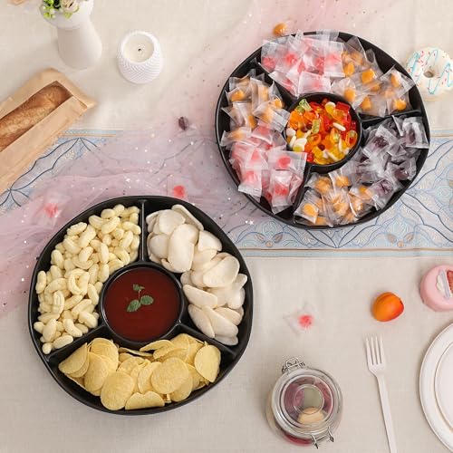 Chip & Dip Serving Tray Set, 4 Sectional Round Melamine Serving Platter, Relish Tray, Round Compartment Appetizer platter for Veggies, Candy and Snacks, Matte Black, Set of 2 - color: Black Rround Divided Tray