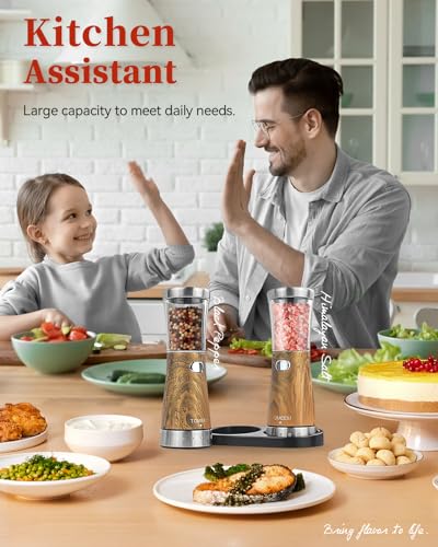 Electric Salt and Pepper Grinder Set with Storage Base, Stainless Steel Rechargeable Salt and Pepper Grinder Set with 4.5 oz Large Capacity, 1.8" Wide Mouth, Adjustable Coarseness, Ideal for Kitchen - color: Dark Wood Grain