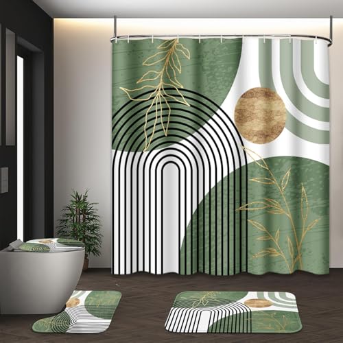 Bathroom Sets with Shower Curtain and Rugs, 4 Pcs, Sage Boho | Green Geometric Abstract Mid Century Bathroom Decor Set with Toilet Lid Cover, Non-Slip Bath Mats and Accessories 12 Hooks - color: Vintage Sage Green