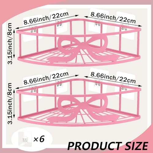 2 Pcs Pink Corner Shower Caddy Pink Bow Shower Shelves Organizer No Drilling Coquette Corner Caddy with 5 Adhesive Hooks Preppy Wall Mounted Decor Shelves for Bathroom Kitchen Bedroom Dorm - style: Bow