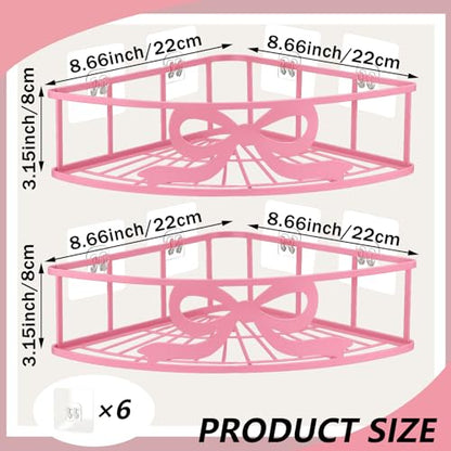 2 Pcs Pink Corner Shower Caddy Pink Bow Shower Shelves Organizer No Drilling Coquette Corner Caddy with 5 Adhesive Hooks Preppy Wall Mounted Decor Shelves for Bathroom Kitchen Bedroom Dorm - style: Bow