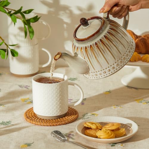 Sweese Stackable Coffee Mugs Set of 4, 10 oz Porcelain Coffee Cups with Embossed Design, White Cappuccino Cups for Coffee, Latte