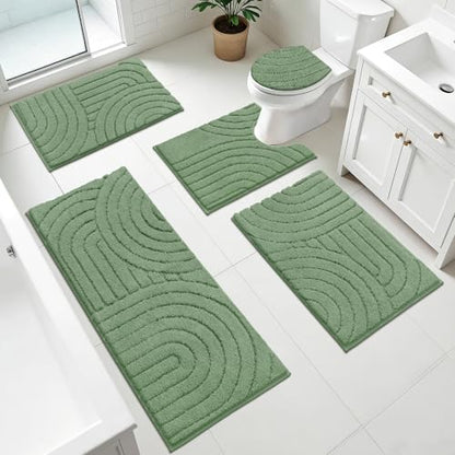 Pauwer Bathroom Rugs Sets 5 Piece, Absorbent Non Slip Bath Mat Set, Green | Machine Washable, Microfiber Plush, Quick Dry Runner, U Shaped Contour Toilet Rugs, Shower Mats and Toilet Lid Cover - color: Green
