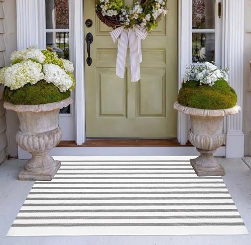 Grey and White Striped Front Door Mat 2x3ft - Washable Outdoor Rug | Cotton Woven Layered Small Area Rug for Entryway, Porch Decor & Kitchen Entrance - color: Grey White, size: 2' x 3' (Rectangular)
