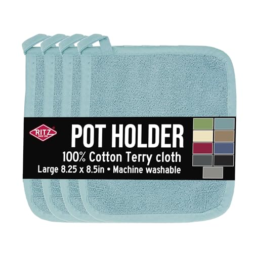 RITZ Terry Potholder & Hot Pad: Unparalleled Heat Resistant, Durable 100% Cotton – Ergonomically Designed for Optimal Grip – Easy-Care Machine Washable – 4-Pack, Dew - color: Dew, size: 4-Pack