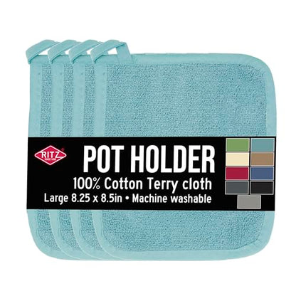 RITZ Terry Potholder & Hot Pad: Unparalleled Heat Resistant, Durable 100% Cotton – Ergonomically Designed for Optimal Grip – Easy-Care Machine Washable – 4-Pack, Dew - color: Dew, size: 4-Pack