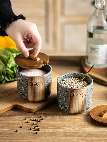 Salt and Pepper Containers for Countertop, Ceramic Salt Pepper Bowls | 10 OZ Salt Cellar with Wooden Lid and Spoons, Farmhouse Salt and Pepper Set of 2, Marble Design, Easy Access, Gray - color: Gray, size: Set of 2