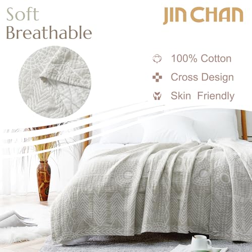 jinchan 100% Cotton Muslin Blanket Twin Boho Throw Blanket 50x60 Light Gray | 3-Layer, Tribal Geometric Quilt, Cooling Breathable Lightweight, for Adult, Soft, Reversible, Summer, Couch, Sofa, Bedroom - color: A. Boho Light Grey, size: 50"x60"