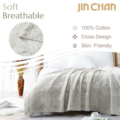 jinchan 100% Cotton Muslin Blanket Twin Boho Throw Blanket 50x60 Light Gray | 3-Layer, Tribal Geometric Quilt, Cooling Breathable Lightweight, for Adult, Soft, Reversible, Summer, Couch, Sofa, Bedroom - color: A. Boho Light Grey, size: 50"x60"