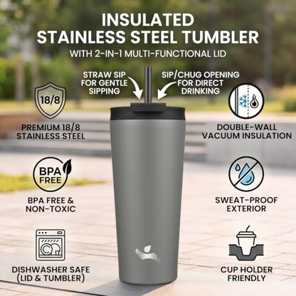 Konokyo 22 oz Insulated Tumbler Water Bottle with Straw Lid, Gray | Stainless steel insulated tumbler for coffee, water and iced drinks; spill-proof lid, 2 straws, cup-holder friendly - color: Gray, size: 22 Ounces