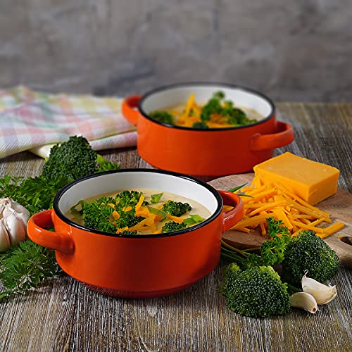 ECODECO Ceramic Soup Bowls with Handles – Set of 2 (16 oz) – Orange | Oven & Microwave Safe – Gift Boxed – Ideal for French Onion Soup, Baked Meals & Housewarming Gifts - color: Orange