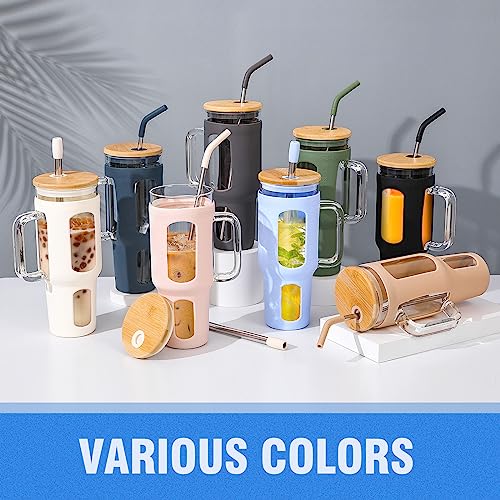 WINSA Glass Tumbler with Lid and Straw, 46 oz, Glacier | Iced Coffee Cup with Handle, Large Water Bottle with Silicone Sleeve, Pearl Straw & Drinking Straw, BPA Free - color: Glacier, size: 46 Ounces
