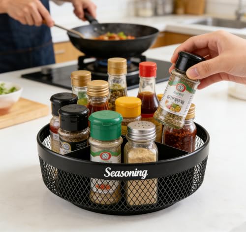 Rotating Spice Rack Organizer, 360° Black Basket for Kitchen | Metal mesh, kitchen countertop and cabinet storage, 360° rotating base, 4 divided sections, non-slip pads