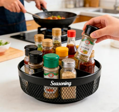 Rotating Spice Rack Organizer, 360° Black Basket for Kitchen | Metal mesh, kitchen countertop and cabinet storage, 360° rotating base, 4 divided sections, non-slip pads