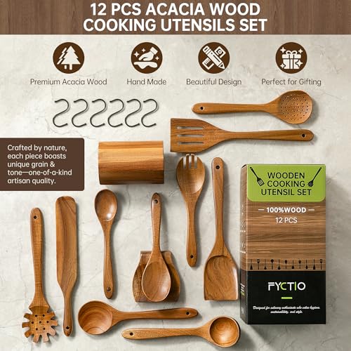 12 PCS Natural Acacia Wooden Utensil Set Wooden Spoons for Cooking | Non-Toxic, Nonstick Safe, Sturdy & Easy to Clean, Comes with Holder, Spoon Rest & 6 Hooks, Perfect Practical Kitchen Gift - size: 12 PCS SET