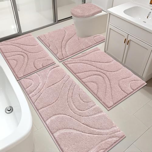 HEBE Bathroom Rugs Sets 5 Piece, Non Slip Washable Absorbent Bath Mat Set | Super Soft Plush Microfiber Bathroom Mats with Runner Set, Solid Bathmat with U-Shaped Toilet Rug Cover Set for Tub, Shower - color: Dusty Pink, size: 18"x26"+20"x32"+20"x48"+U20"