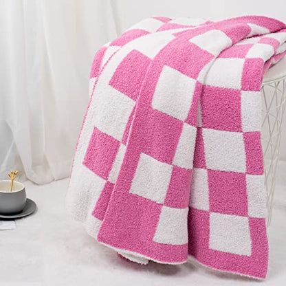 Carriediosa Checkered Throw Blanket 60x80, 400GSM Ultra Soft Microfiber | Hot Pink, Fuzzy Fluffy Cozy Plush Knit Knitted Plaid Checker, Lightweight Cute Preppy Fall Blankets & Throws for Couch, Bed - color: Check - Hot Pink, size: 60" X 80"