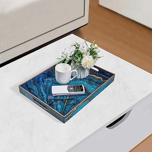 Blue Serving Trays, Plastic Rectangular Serving Tray with Handles | Rectangle Coffee Table Trays, Modern Marbling Sticker Trays, Melamine Tray for Ottoman, Kitchen Countertop, 15.6” x 11.8” - color: Blue, size: 15.6" x 1.6" x 11.8"