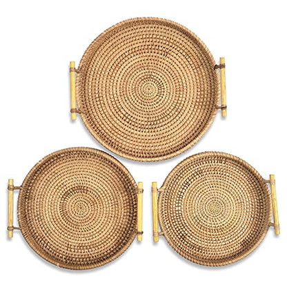 Rattan Hand Woven Round Decorative Rustic Serving Wicker Trays with Handles for Home/Social Events - Bread Basket, Vegetable, Fruits, Snacks, Crackers, Breakfast - Set of 3.