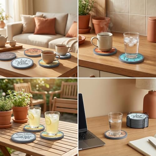 Absorbent Coasters for Drinks with Holder, Set of 6 Farmhouse Coasters, Silicone Coaster with Soft Felt Insert, Round, Housewarming Gifts - color: Farmhouse Style-02