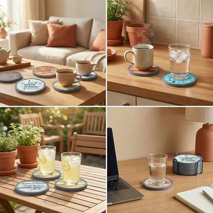 Absorbent Coasters for Drinks with Holder, Set of 6 Farmhouse Coasters, Silicone Coaster with Soft Felt Insert, Round, Housewarming Gifts - color: Farmhouse Style-02