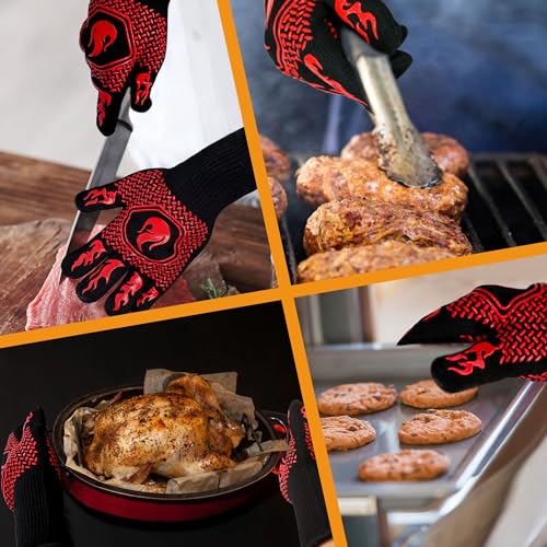 BBQ Gloves 1472F Heat Resistant Non-Slip Silicone 13.8in (Red) | Grill Cut-Resistant, Oven Kitchen Safe for Barbecue, Cooking, Frying, Oven Mitts - color: Red