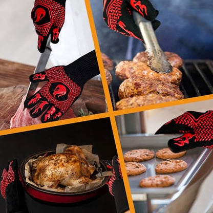 BBQ Gloves 1472F Heat Resistant Non-Slip Silicone 13.8in (Red) | Grill Cut-Resistant, Oven Kitchen Safe for Barbecue, Cooking, Frying, Oven Mitts - color: Red