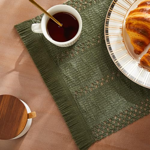 Macrame Style Boho Placemats Set of 4, Olive 12x20 Inch | Decorative Farmhouse Table Mats, Natural Cotton Woven Place Mats, Bohemian Home Decor for Kitchen Dining Table - color: Olive, size: Set of 4