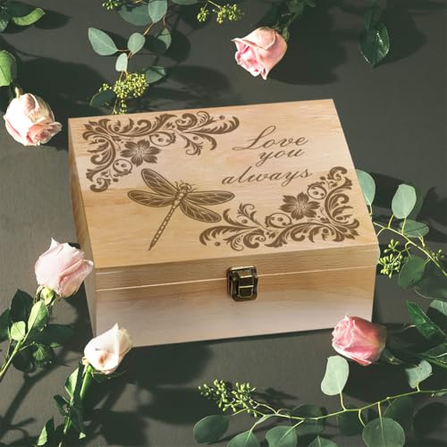 arricraft Dragonfly Theme Wooden Memory Keepsake Box, Love You Always Metal Knot Box with Hinged Lid and Lock Decorative Storage Box Stash Box for Photo Letter Souvenir Jewelry 7.6x9.6x4inch